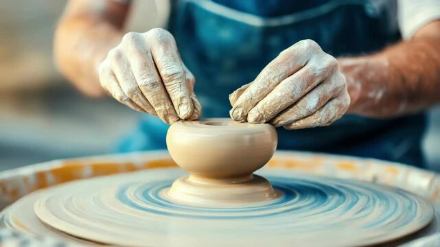 Hands carefully shaping wet clay on a spinning pottery wheel, capturing the art of ceramics in progress.