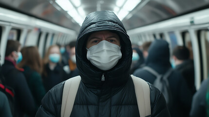 Masked commuter in a crowded subway car. Public health measures in place. Urban life during an outbreak, winter coat, bag and social distancing.