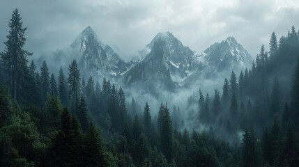 Ethereal mountain landscape shrouded in mist and dense evergreen forest