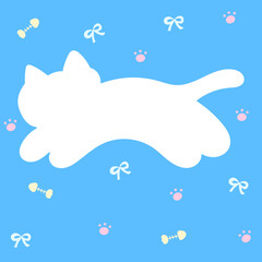 blank cat cutout for text with fishbone, paw and ribbon bow background, transparent PNG frame
