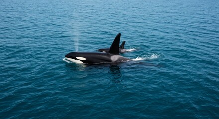 Fototapeta premium Majestic orca whales swimming together in the deep blue ocean water