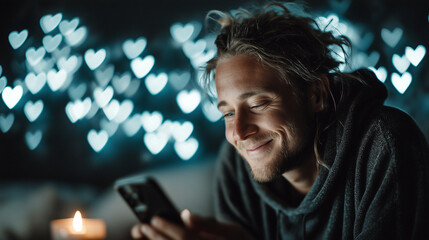 Young man holding her smartphone surrounded by glowing hearts.
