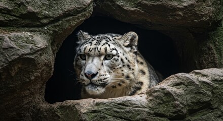 Magnificent snow leopard portrait emerging from rocky den wildlife scene