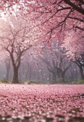 Naklejka premium Falling sakura petals, blurred spring scene, predominantly pink hues , macro, blurred