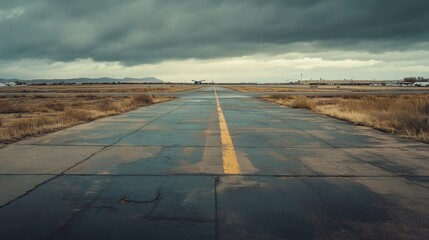 Aviation infrastructure and ominous sky: Runway perspective under turbulent clouds