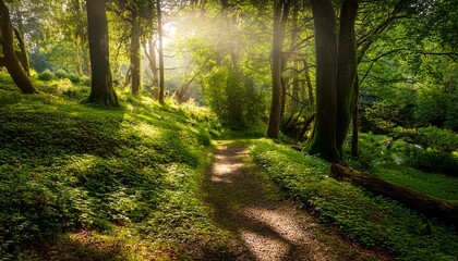 Obraz premium sunlit forest path lush green undergrowth dappled light nature background tranquility