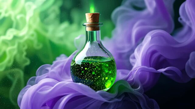 Green potion bottle with purple magic smoke