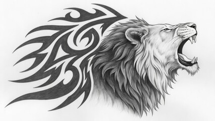 Obraz premium Roaring lion pencil sketch with tribal mane design, fierce black and white tattoo art concept 