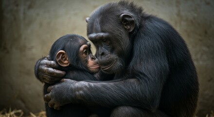 A tender moment, Chimpanzee mother embraces her baby with affection and care, showcasing their close bond in the animal kingdom