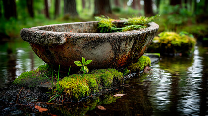 Weathered Stone Bowl with Moss in Ancient Forest Pond Surrounded by Lush Greenery