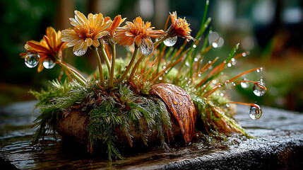 Close-Up of Wildflowers with Dewdrops on Mossy Stone Edge in Enchanted Forest