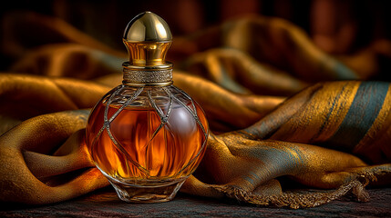 Luxurious Perfume Bottle with Gold Cap and Golden Scarf on Dark Moody Background