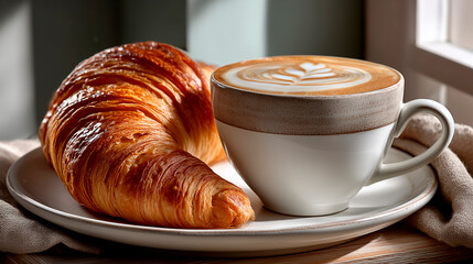 Close-Up of White Coffee Cup with Latte Art and Croissant in Morning Sunlight by Window