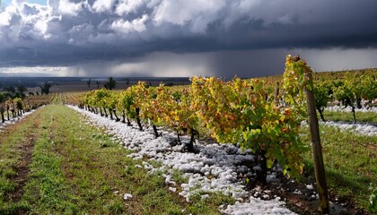 vineyard and grapes affected by severe storm with hail ruining the harvest the hailstorms have nearly completely devastated the crops