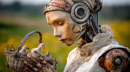 Close-Up Portrait of Ancient Humanoid Robot Holding Basket of Baby Birds and Plants in Wildflower Field