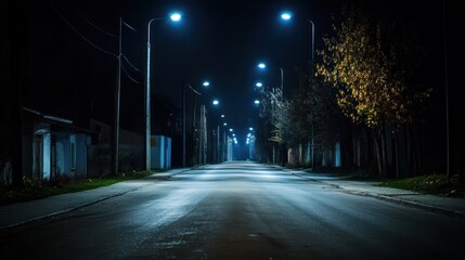 An atmospheric night shot of a serene urban street illuminated by streetlights