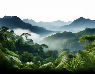 dense green jungle and distant misty peaks isolated on transparent cutout background
