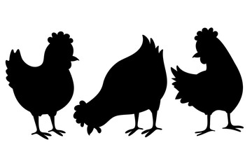 Chicken black silhouettes isolated white background. Hen Silhouett Illustration, Cartoon Clipart, Line Art, Printable Graphic Design