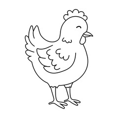 Cute hen handdrawn a black and white vector illustration. Chicken outline for a coloring book