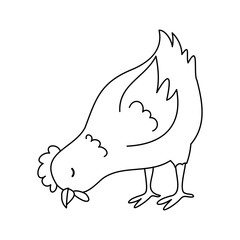 Handdrawn Hen Line Art. The chicken leaned over to eat. Vector illustration for a coloring book