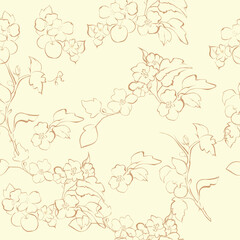 Seamless vector print in romantic style. Delicate spring branches hand-drawn with ink on beige canvas. Add romance and tenderness to your project.