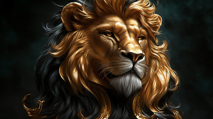 An imposing lion with a shimmering black and gold mane, conveying strength and majesty against a dark background