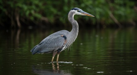 Majestic great blue heron standing gracefully in serene waters habitat