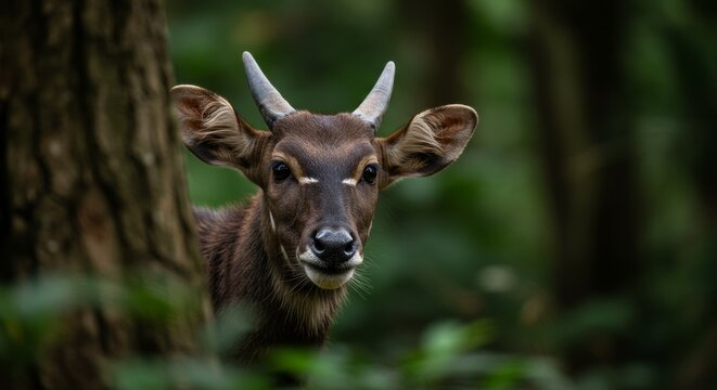 Rare Saola Gazing from Lush Forest Undergrowth, Wildlife Conservation Focus