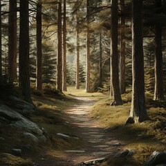 Landscape of pine trees in the forest with a path in the middle