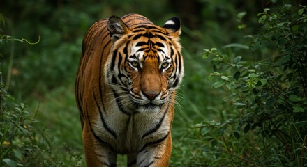 Obraz premium Magnificent Bengal Tiger Prowling Through Lush Greenery with Intense Gaze
