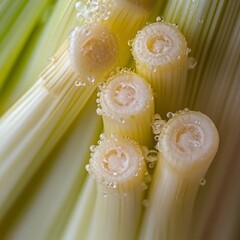 Close-up of fresh leek with water droplets on it