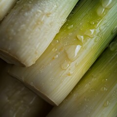 fresh leek with water droplets macro closeup, food background