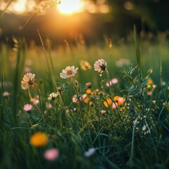 Beautiful daisies in the meadow at sunrise. Vintage style.