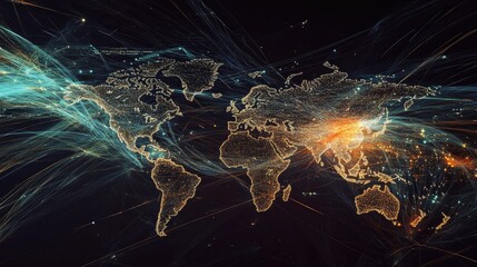 Global network connections, data flow visualization.