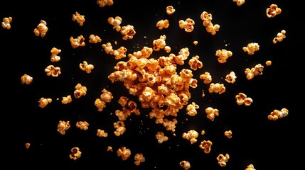 Caramel popcorn exploding on black background.