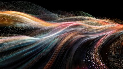 Abstract colorful wave of particles on black background.