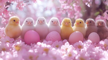 Baby chicks among cherry blossoms