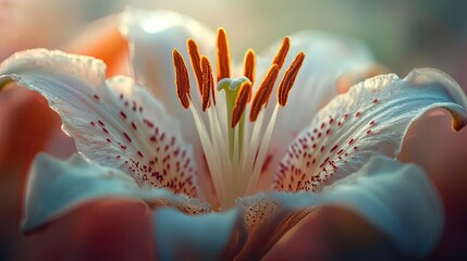Close-up of a white lily with orange stamens and speckled petals, illuminated by sunlight.
