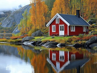 Autumnal lakeside house reflection