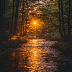 Sunset in the forest with a river flowing through the forest.