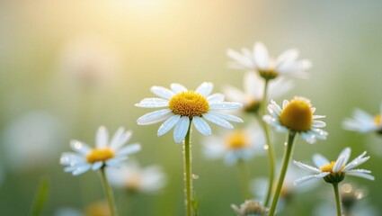 Field of Daisies with Water Droplets Glowing in Morning Sunlight