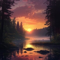 Foggy morning on the lake. Vector illustration. Eps 10