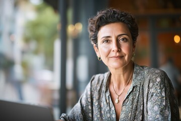 Confident mature woman cafe portrait expressing success and empowerment