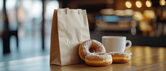 Donuts in paper bag on cafe table.