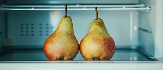 Two ripe pears in a refrigerator crisper drawer.