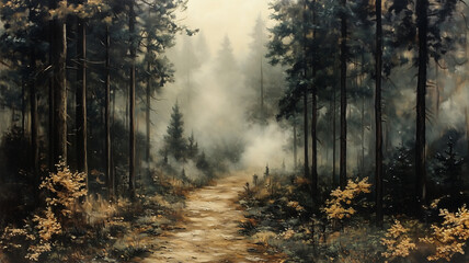 Oil painting of a trail in a dense forest with pine trees and a light fog