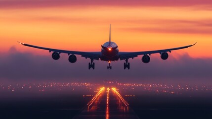 Majestic Airplane Landing at Sunset