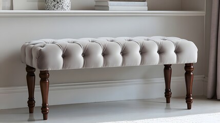 Light gray upholstered bench with dark wood legs.