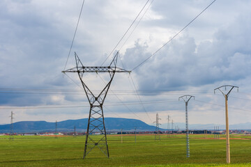 High voltage power lines in the field in Setif City, Algeria.