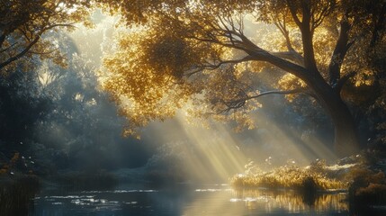 Lush forest with golden sunlight filtering through trees by a river  